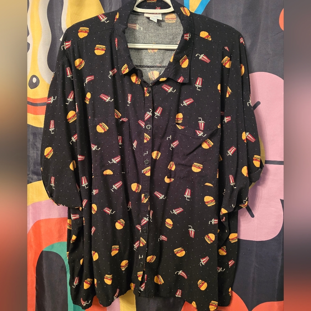 Lularoe 2XL Amy Hamburger Burger Shake Soda Button Up Blouse Maximalist Dopamine